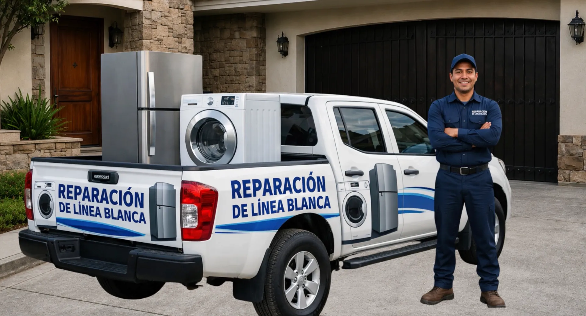 Técnico y camioneta de reparación de línea blanca a domicilio